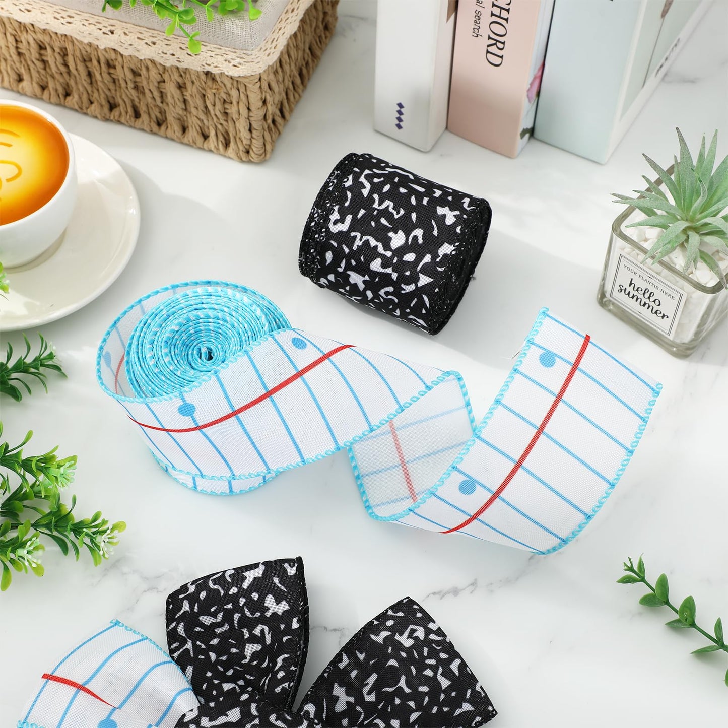 Whaline Back to School Wired Edge Ribbon 2.5 Inch Notebook Composition Fabric Wrapping Ribbon for First Day of School Classroom Party DIY Crafts Wreath Bow Making, 2 Rolls, 20 Yard