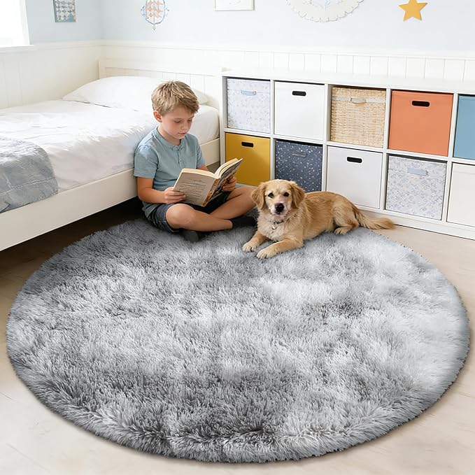 Tie-Dyed Fluffy Round Rug,Soft Area Rugs for Girls Room,Shaggy Rugs 5'X5' for Living Room,Non Slip Circle Rug for Kids Bedroom,Shag Plush Nursery Rug,Plush Carpet for Dorm,Furry Room Decor,Light Grey