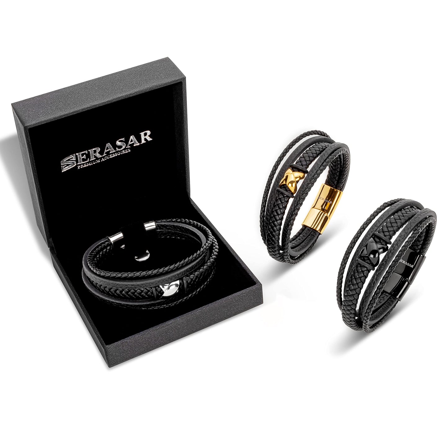 SERASAR Mens Leather Bracelet 20cm Black Men Gift Box Genuine Braided Adjust Able Magnetic Clasp Multi Layer Wrap Rope Man Mans Bracelets Jewelry Magnet Accessories