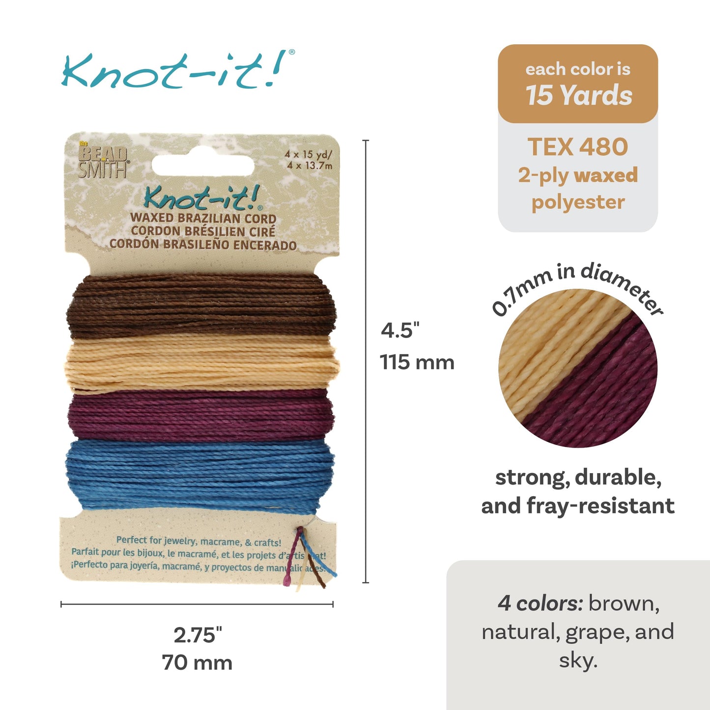 The Beadsmith Knot It Waxed Polyester Cord – Adventures Calling – 0.7mm Diameter – 4 Cords, 15 Yards Each – Make Jewelry, Macrame, Friendship Bracelets and DIY Crafts
