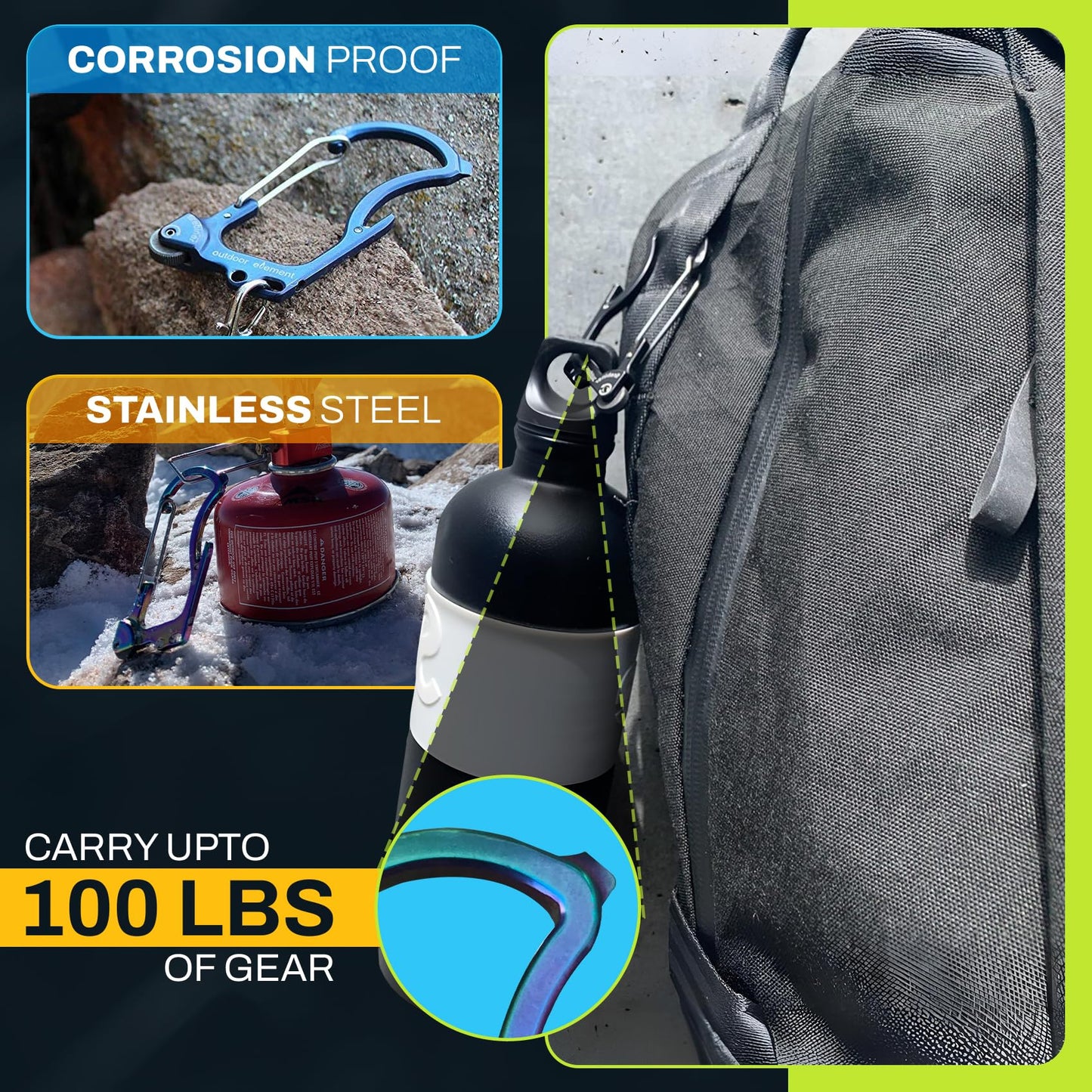 OUTDOOR ELEMENT Firebiner® 6-in-1 Survival Multitool Carabiner EDC Keychain with EverSpark™ Fire Starter, Utility Blade, Bottle Opener & Screwdriver – Unique Gift for Outdoor Adventure – Blue River