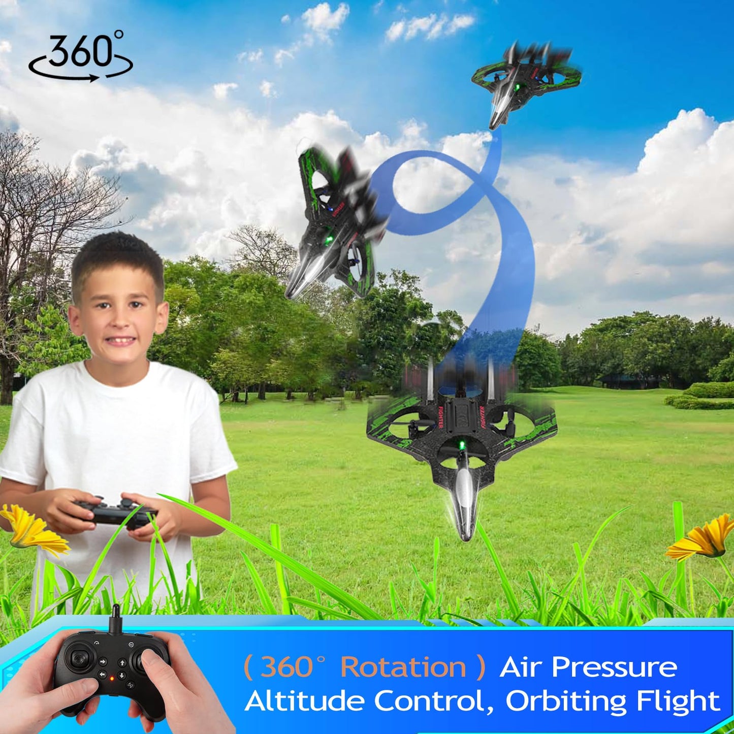 LEFEI Remote Control Drone for Kids,2.4Ghz Foam RC Airplanes Helicopter Quadcopter with Auto Hovering,360° Flip,Gravity Sensing,Stunt Roll,Cool Light,2 Battery,Gifts for 6-12 Kids Boys (Green)