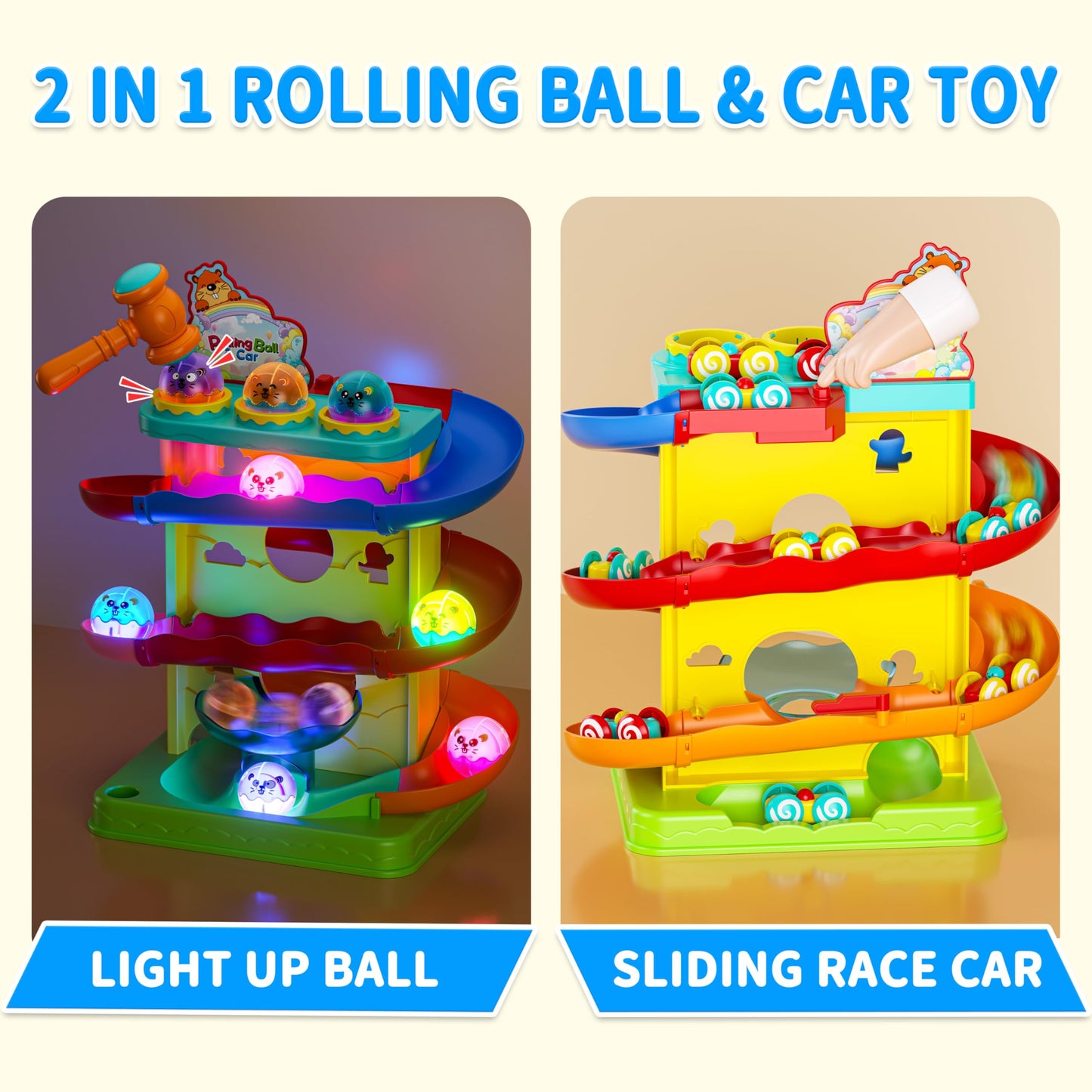 Funwee 2-in-1 Rolling Ball & Racing Car Ramp Toy for Toddlers, Race Track Hammer Lights Ball Drop, Interactive Montessori Learning Game Birthday Gift Idea for Kids 1 2 3 4 5+Year Old Girl Boy(Yellow)