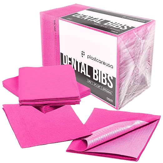 PlastCare USA Disposable Dental Bibs 13"x18" - 3 Ply Waterproof Tattoo Bib Sheet for Patients - Dentist or Medical Tray Cover and Nail Table Cover Supplies, Fuchsia Hot Pink