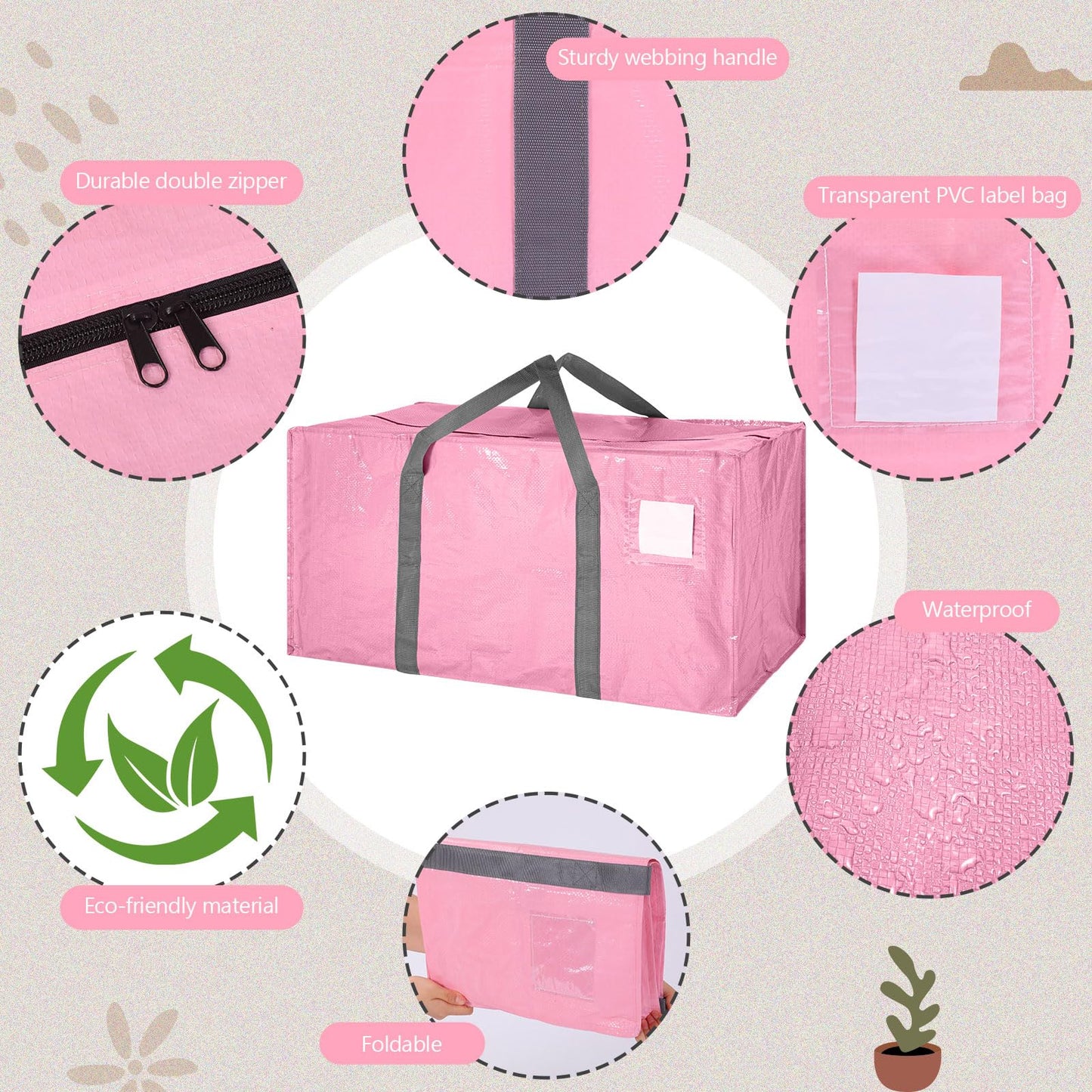 Vincreem 8 Pack Extra Large Moving Bags 65LBs Heavy Duty Packing Bags with Extra Long Handles and Zippers Storage Totes for College Students Room Dorm Essentials Packing Supplies(Pink)