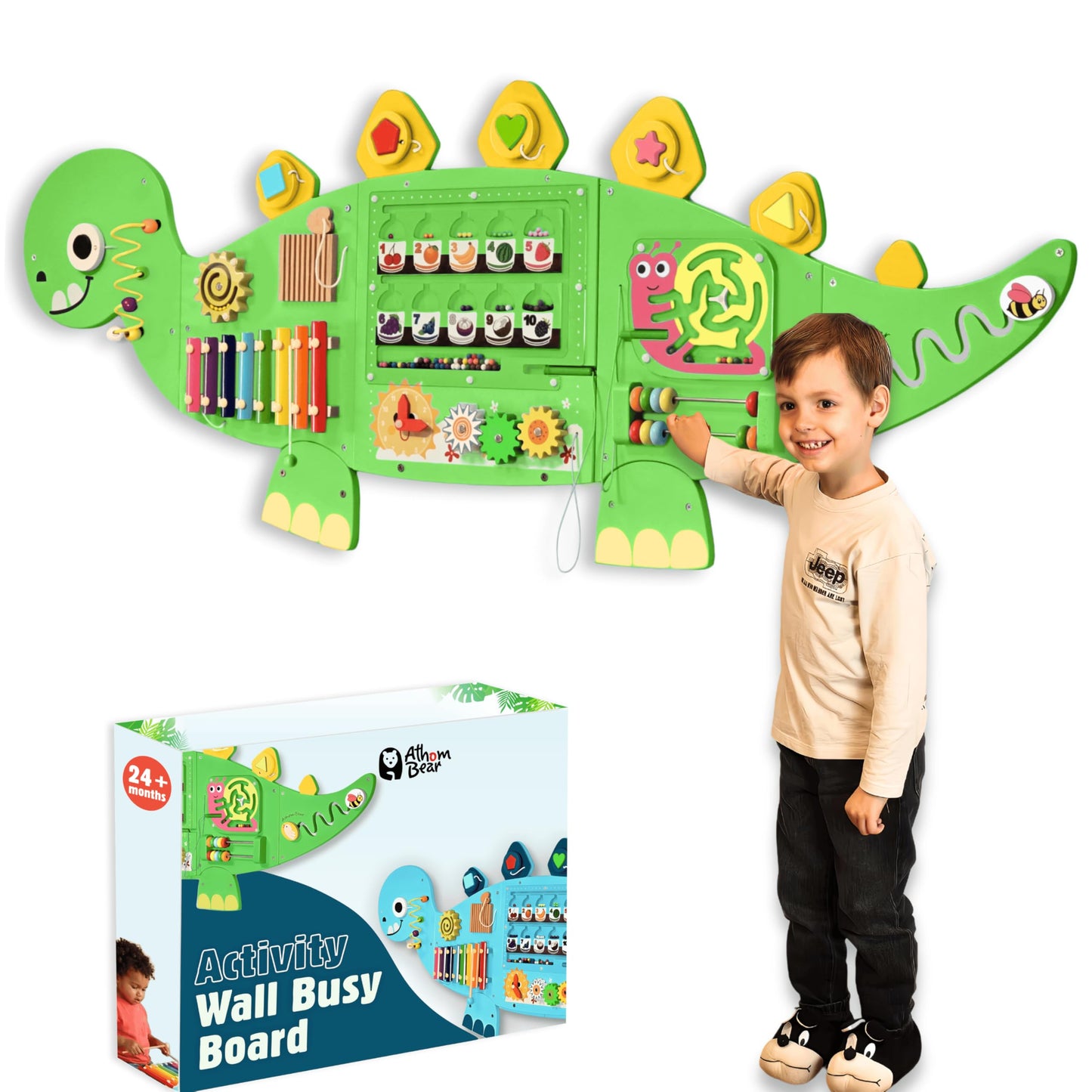 AthomBear Dinosaur Wall Busy Board with 12 Activities - Wall Toys for Toddlers 2,3,4,5 - Sensory Panel Wooden - Montessori Busy Board Learning Activity Center for Playroom and Classroom