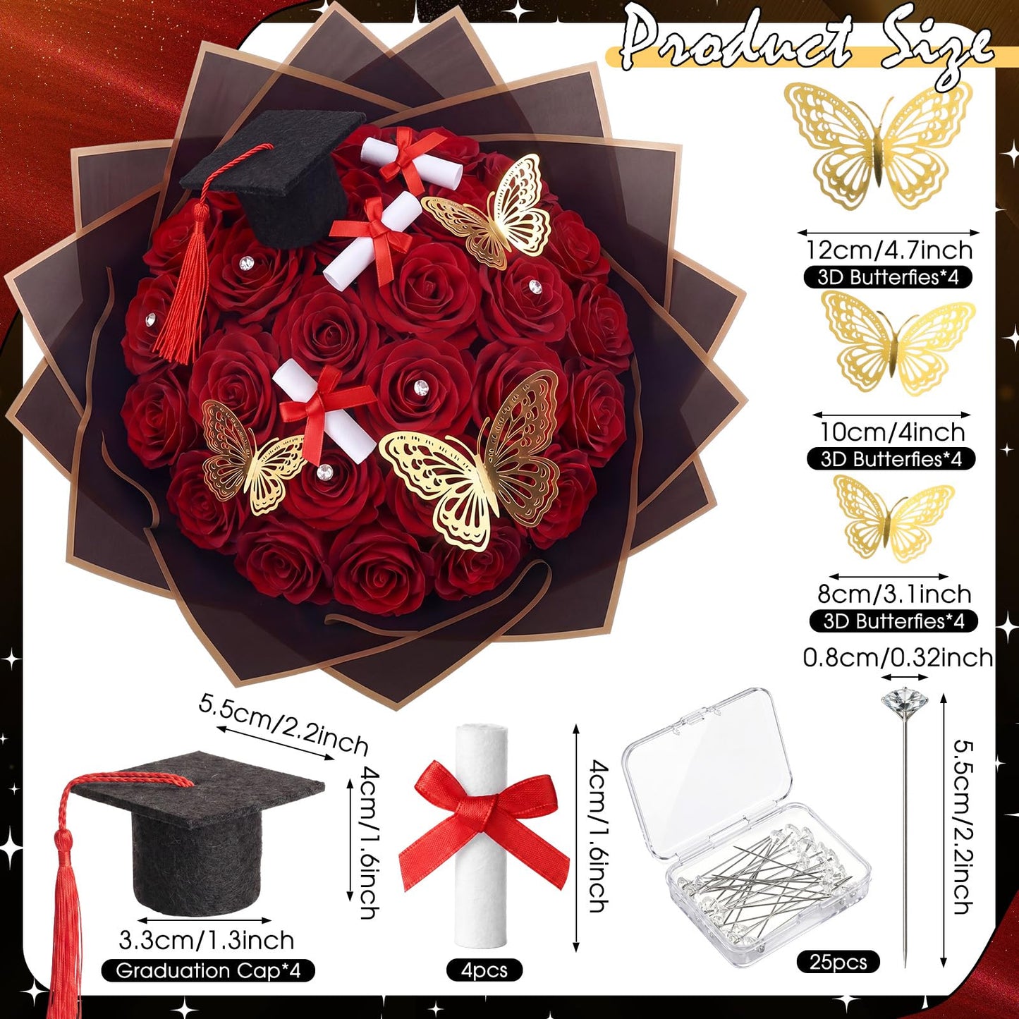 Gilprop 45 Pcs Graduation Flower Bouquet Kit Include 12 Butterfly Decorations 4 Mini Grad Cap 4 Certificate Scrolls Floral Tapes Wraps 25 Diamond 2026 Grad Party Decor Flower Bouquet Gift (Red)