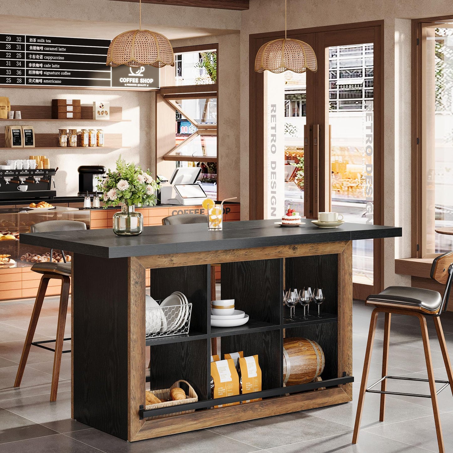Tribesigns Bar Table with Storage, 62.6" Rectangular Home Bar Cabinet Unit with 6 Spacious Cubbies and Metal Footrests, Large Counter Height Pub Table for Home Kitchen, Dining Room, Brown & Black