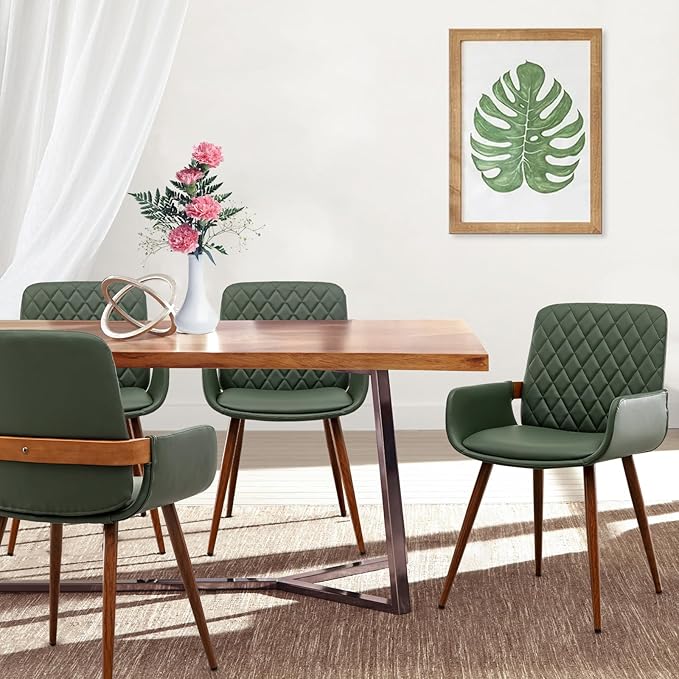 LUNLING Mid Century Modern Faux Leather Dining Room Chairs,Upholstered Seat Metal Legs Chairs Green Faux Leather Kitchen Chair Reception Room Chair 1PCS