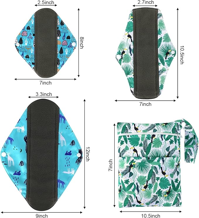 PHOGARY Reusable Menstrual Pads, Bamboo Cloth Pads for Heavy Flow with Wet Bag, 3 Sizes Sanitary Pads Set with Wings for Women, Washable Overnight Cloth Panty Liners Period Pads