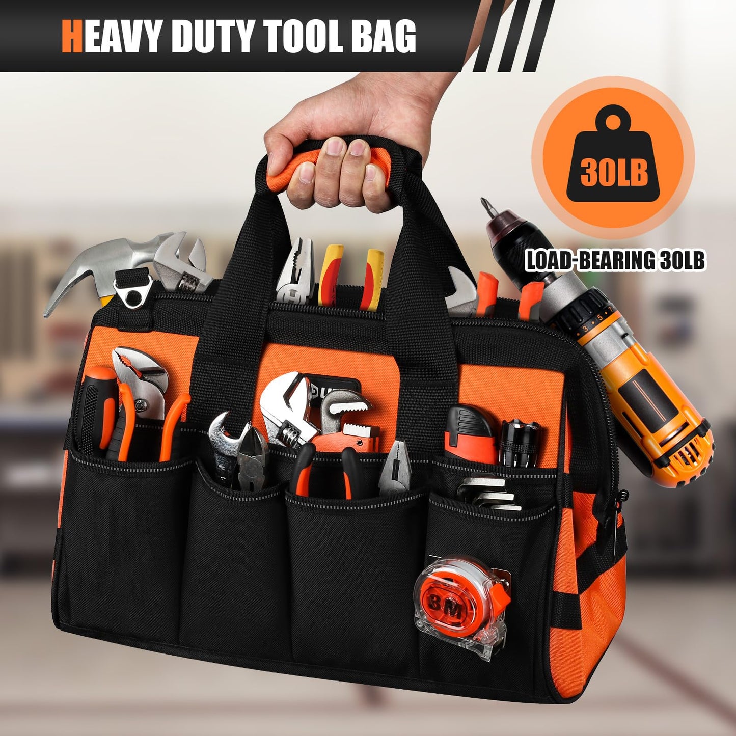 UUP Heavy Duty Tool Bag 15-Inch, 16-Pocket Portable Soft Tool Box Organizer Storage, Handle Tactical Carry Tote Empty Toolbox with Large Zipper, Father Day Dad Men Gift for Mechanic Engineer, Orange