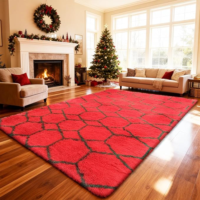 8x10 Fluffy Area Rugs for Living Room,Shag Area Rug for Bedroom,Geometric Soft Fuzzy Rug Non-Shedding Indoor Plush Carpet for Kids Bedroom Nursery Home Christmas,Red and Green