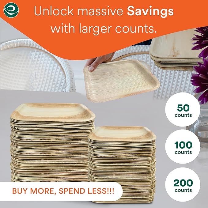 ECO SOUL 7&10 Inch Disposable Palm Leaf Bundle Plates [50 Pack] Premium Food-Safe Heavy Duty Compostable Bamboo Paper Plates for Lunch, Dinner, Weddings, Party, Camping & Catering Events [Square]