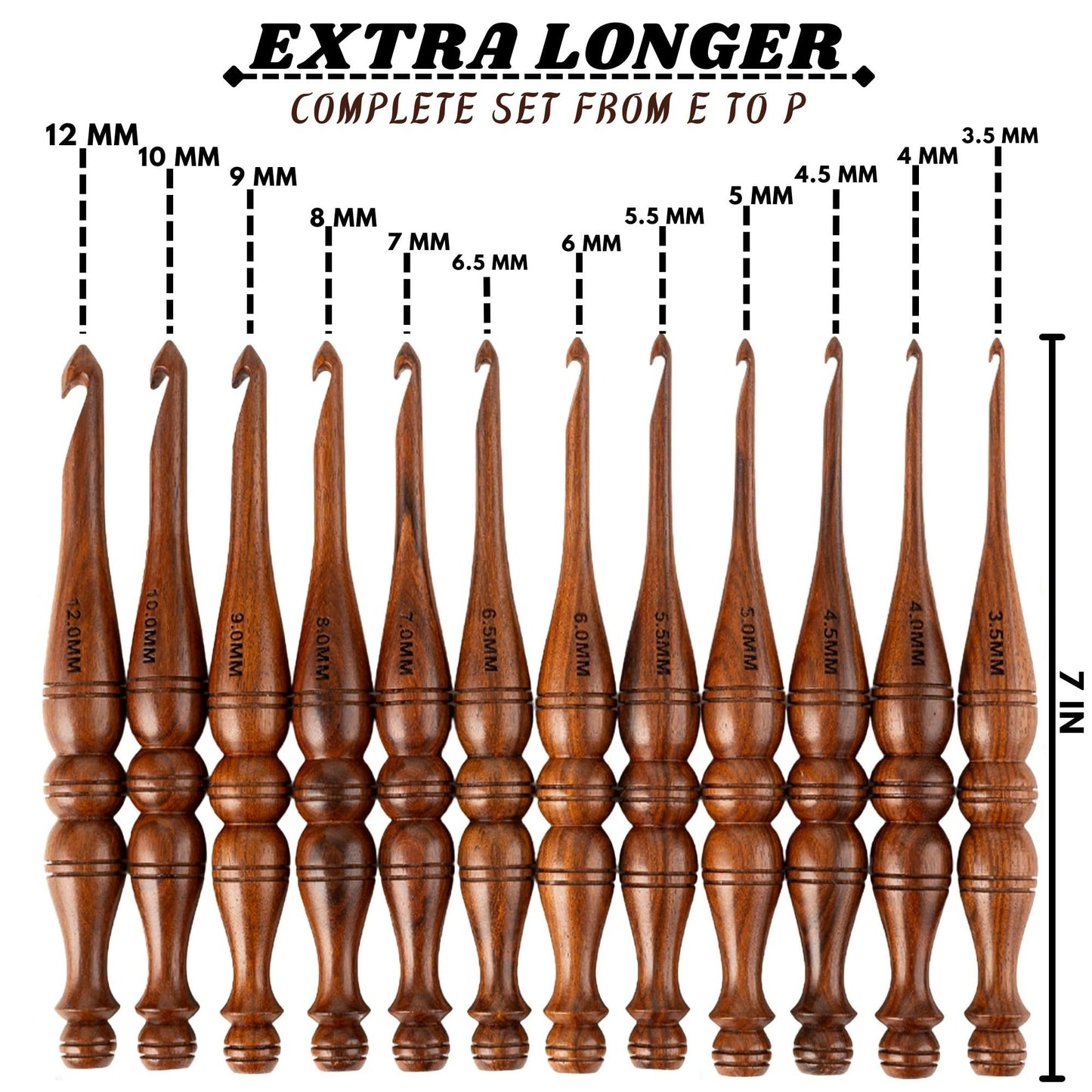 Bhartiya Handicrafts Wooden Crochet Hooks Set, 12pcs Ergonomic Knitting Needles - Rosewood, 3.5mm(E) to 12mm(P) - Includes Holder