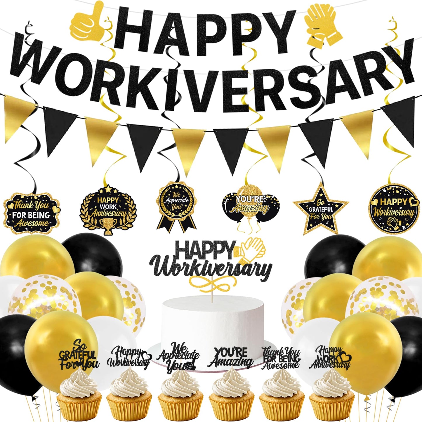 Roetyce Work Anniversary Party Decorations, Black Gold Happy Workiversary Banner Cake Topper Balloons Hanging Swirls, Work Anniversary Backdrop Background for Employee Coworker Office Party Supplies
