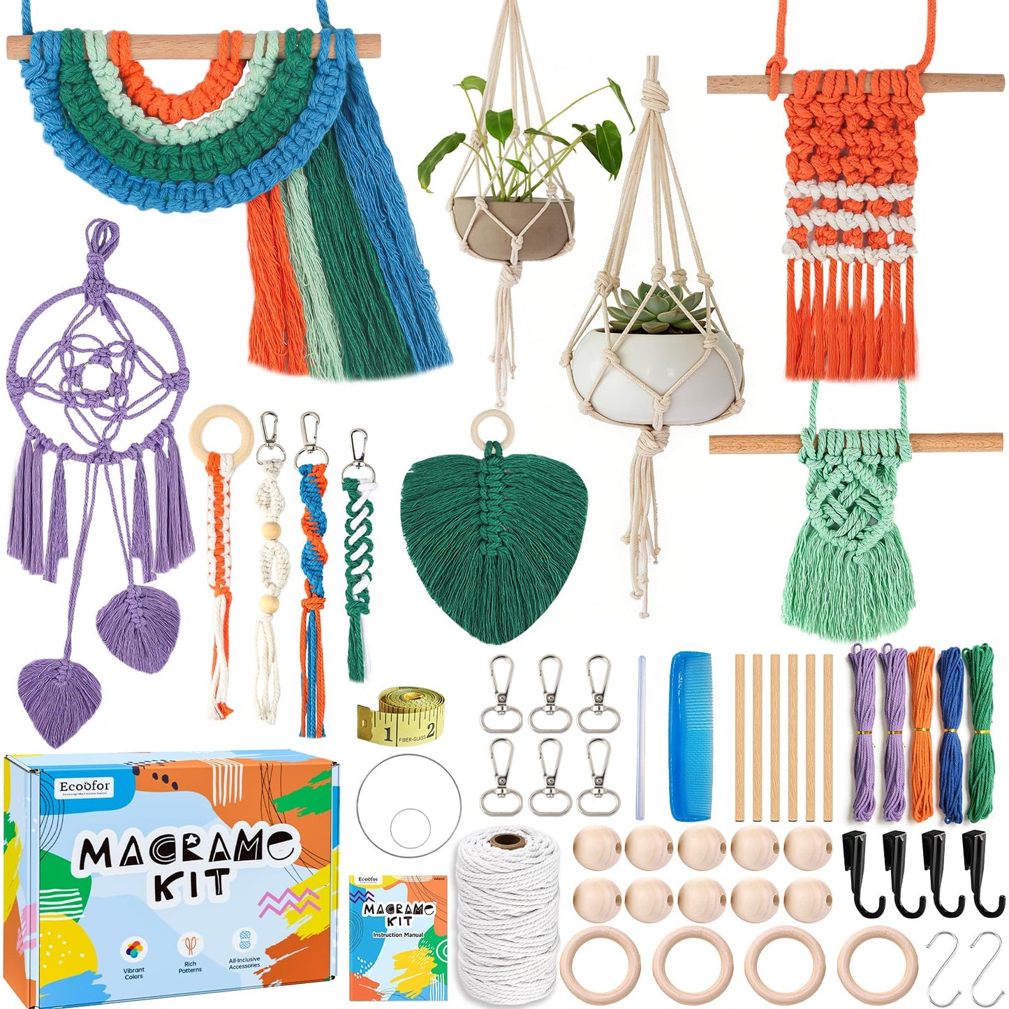 Ecoofor Macrame Kits for Beginners with 366 Feet 3 mm Macrame Cotton Cord, DIY Plant Hanger Kit with Supplies and Instructions, Macrame Beads, Wooden Rings, Dream Catcher Rings