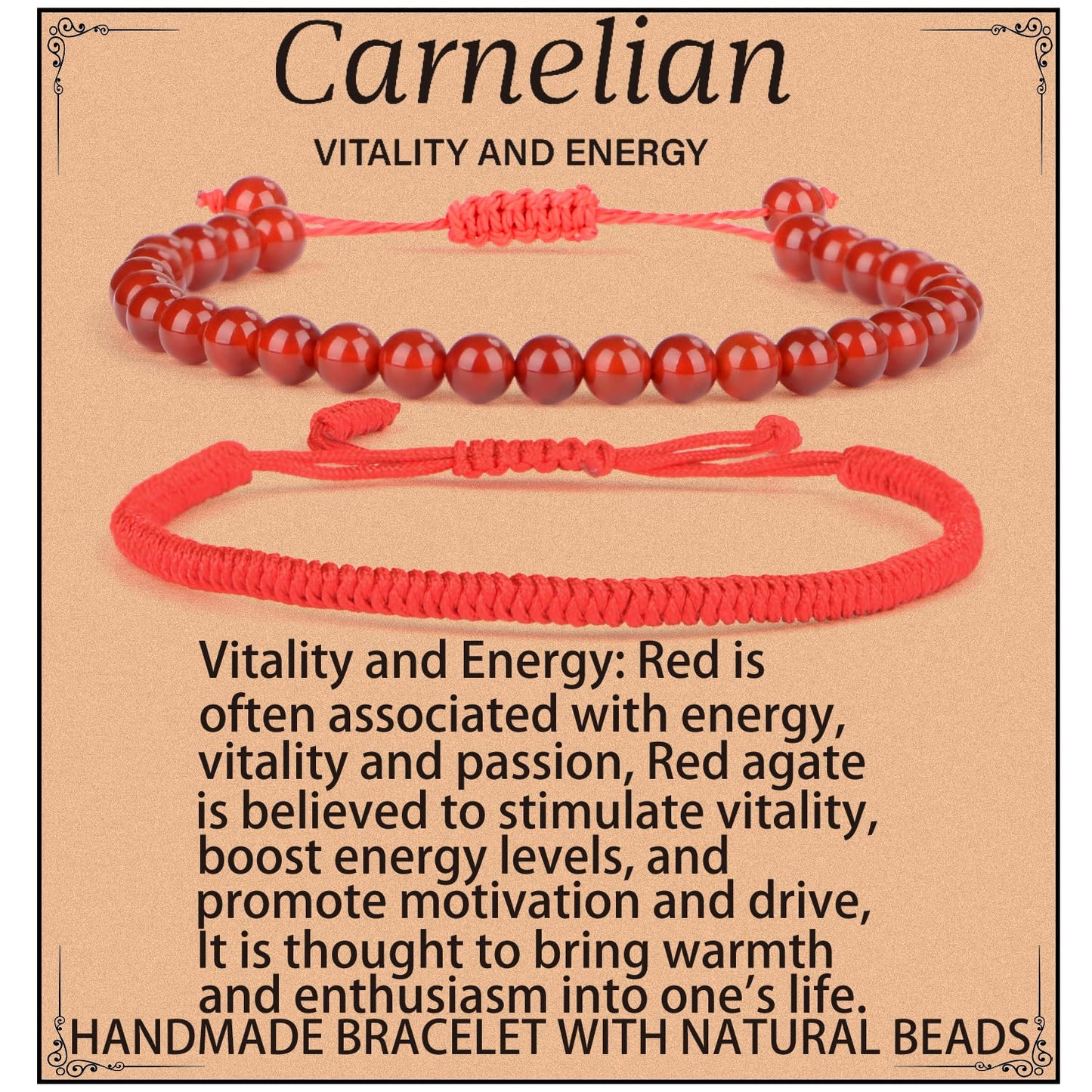 LPBeads 6mm Red Carnelian Bracelet with Handmade Rope Bracelet Size Adjustable Natural Stone Crystal Healing Bracelets Gifts for Unisex Adults