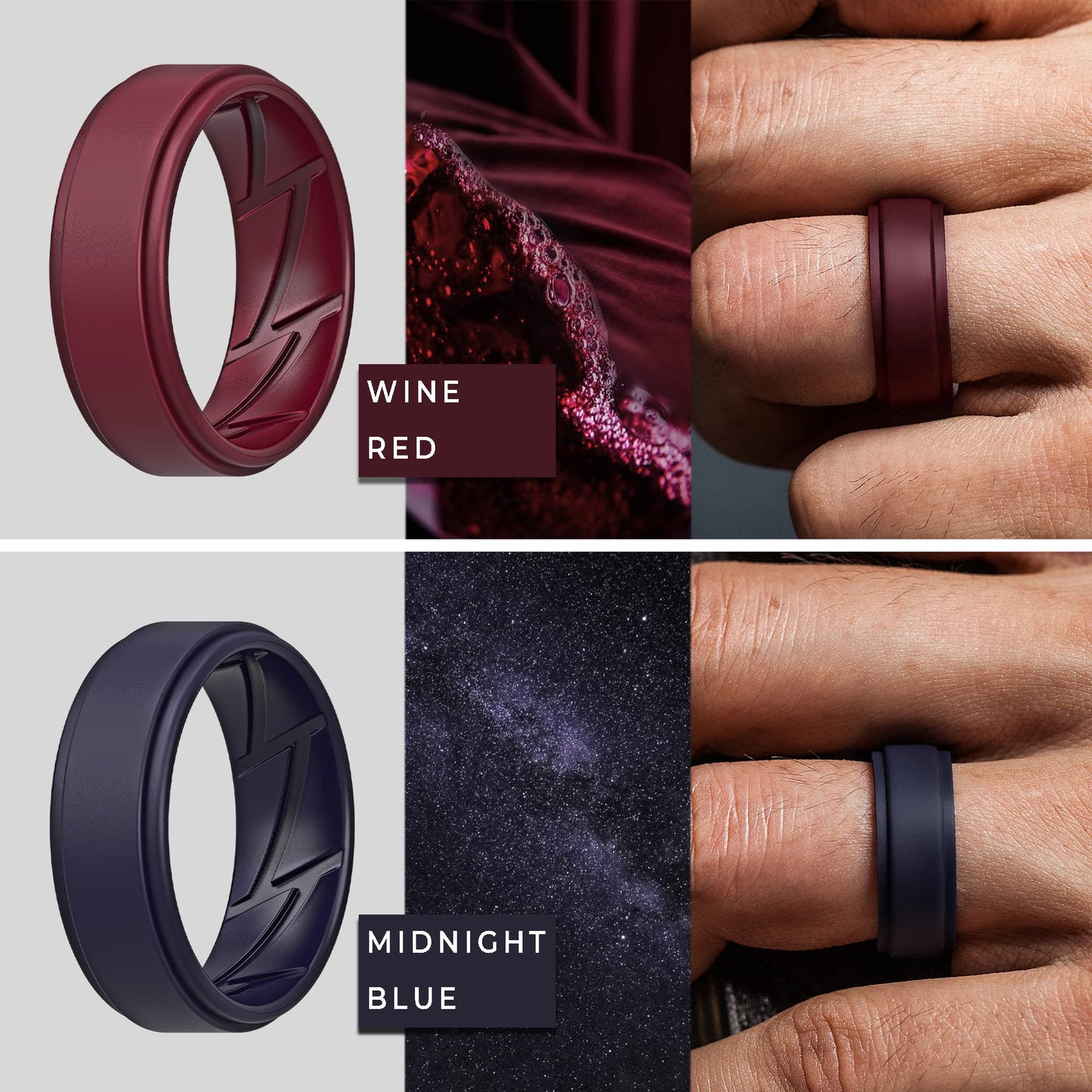 ThunderFit Silicone Wedding Rings for Men Breathable Airflow Inner Grooves, Step Edge Sleek Design Rubber Engagement Bands 8mm Wide 2mm Thick, Variety Multipack 1-7