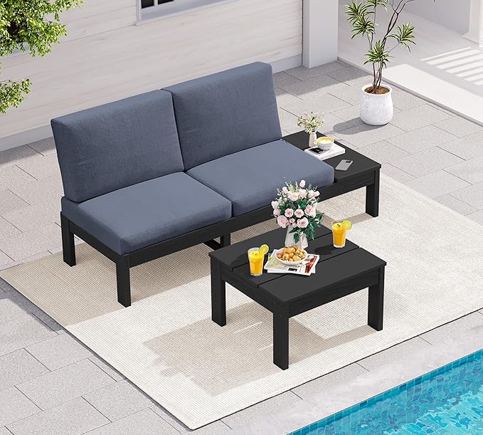 SERWALL HDPE Outdoor Furniture Set, Loveseat and Coffee Table, All Weather Patio Sofas, Seats 2, Outdoor Sectional Sofa for Backyard, Balcony, Black Frame with Grey Cushion