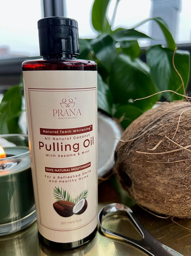 PRANA Coconut Pulling Oil Mouthwash with Tongue Scraper- Ayurvedic Oils for Clean Rinse with Coconut Oil & Clove & improving Teeth & Gum Health - Teeth Pulling Oil Keeps Your Mouth Refreshed- (3 Pack)