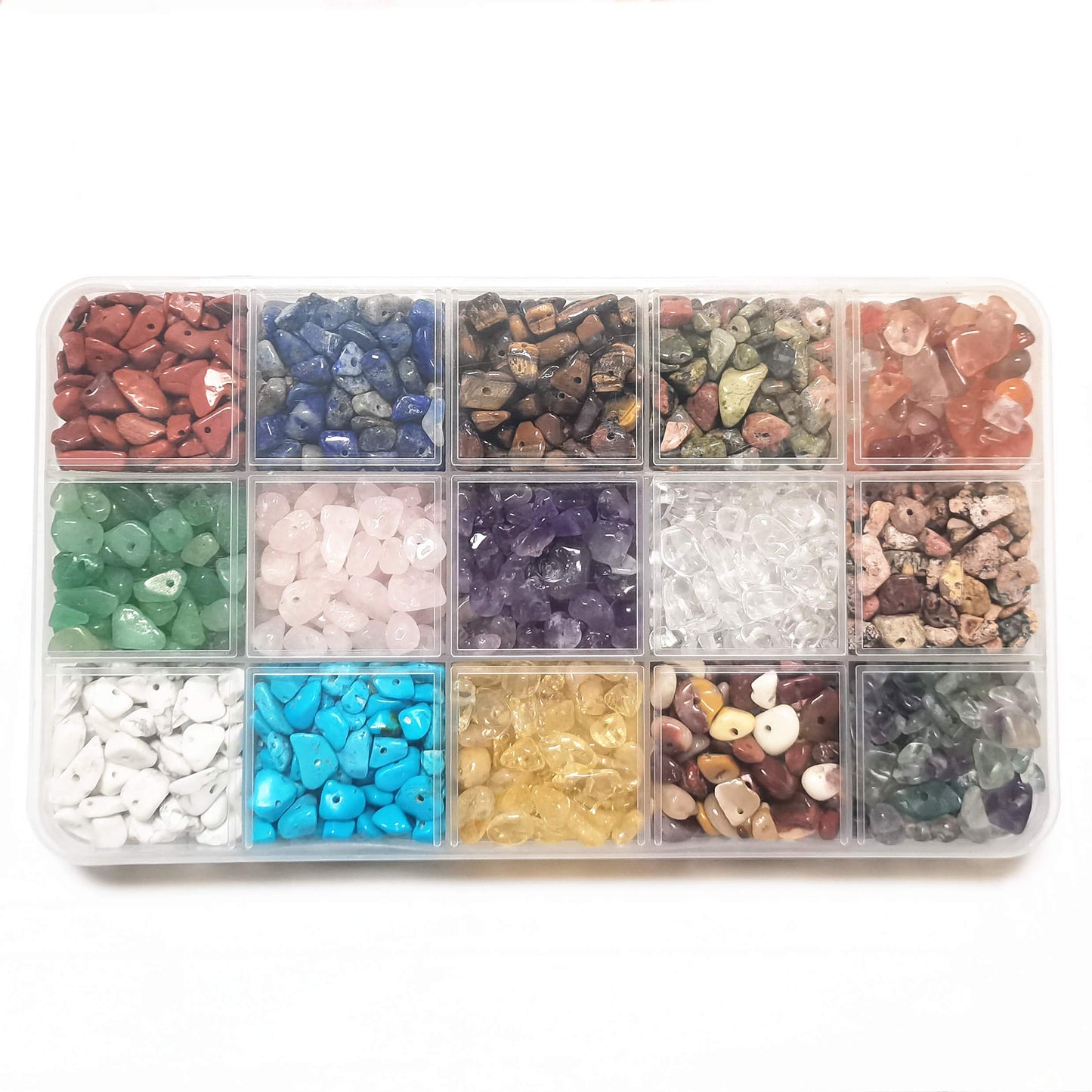 Basigeese 1500pcs Gemstone Chip Beads DIY Jewelry Making, Healing Engry Crystals Polishing Crushed Irregular Shaped Beads with Box (15 Materials)