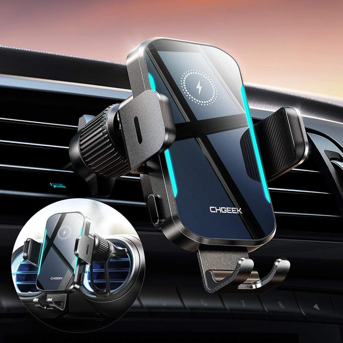 CHGeek Wireless Car Charger, 15W Fast Charging Car Phone Holder Charger Auto-Clamping Air Vent Car Phone Mount with Blue LED Backlit for iPhone 16 15 14 13 12, Samsung S24 S23 S22, etc