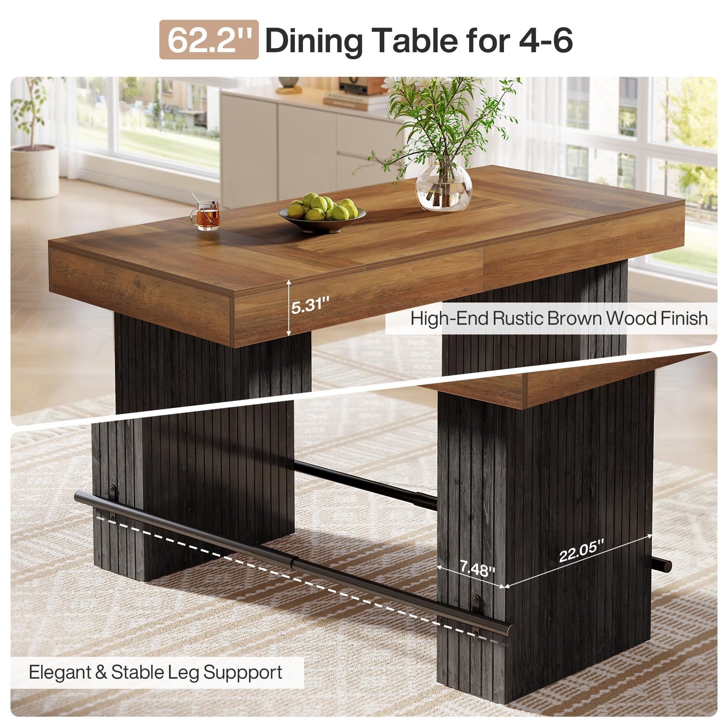 Tribesigns 62.2-Inch Dining Table for 4-6, Counter Height Dining Room Table with Footrest, High Top Kitchen Bar Table for Living Room, Kitchen, Pub