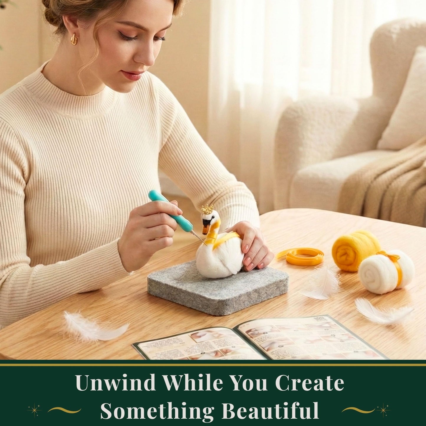 Arvinovia Needle Felting Kit – Make 2 Swan Figures, Complete Wool Felting Starter Kit with Tools & Step-by-Step Video Instructions, Guided DIY Craft Kit for Adults & Teens, Creative Gift Idea