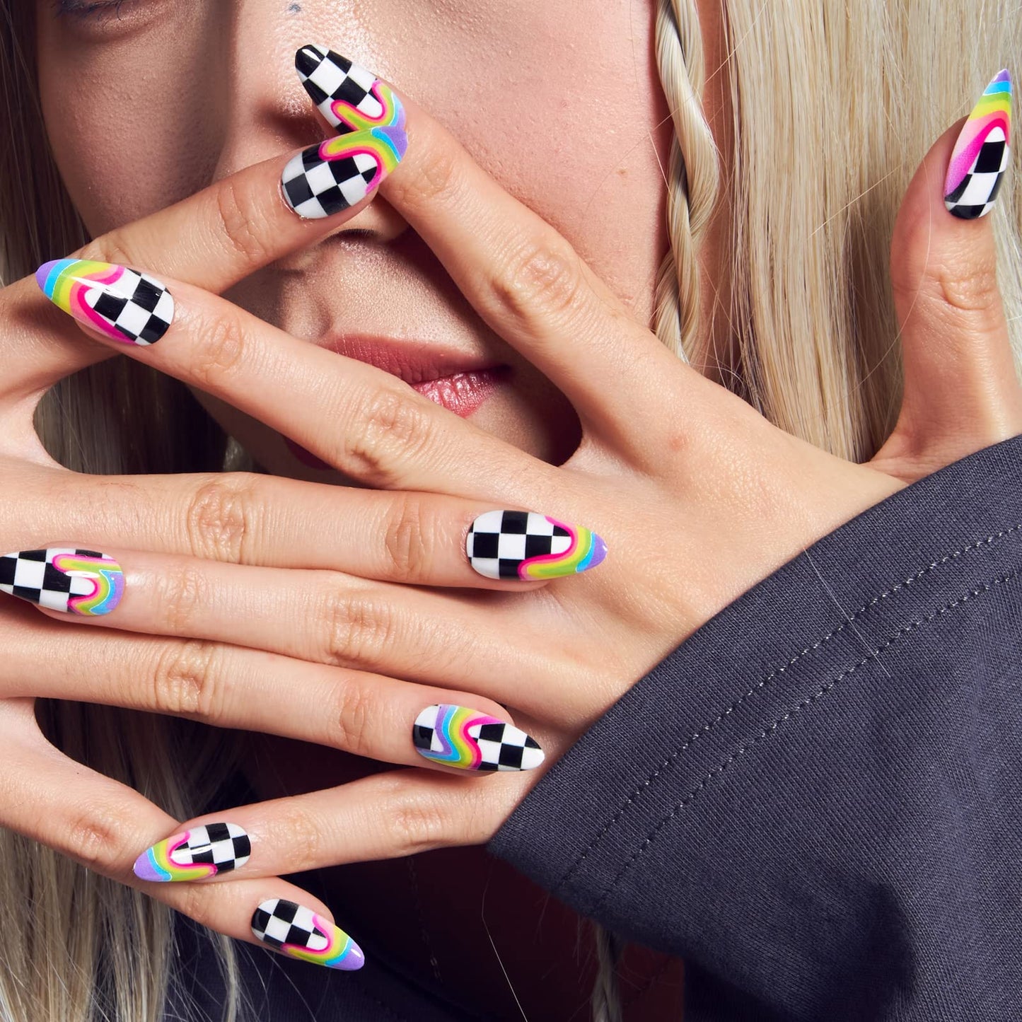GLAMERMAID Rainbow Press on Nails Medium Almond, Y2K Rainbow Crush Gel Glue on Nail with Checkerboard Color, Glossy Short Stiletto Reusable Fake Nails, Acrylic False Nails Manicure Kit for Women