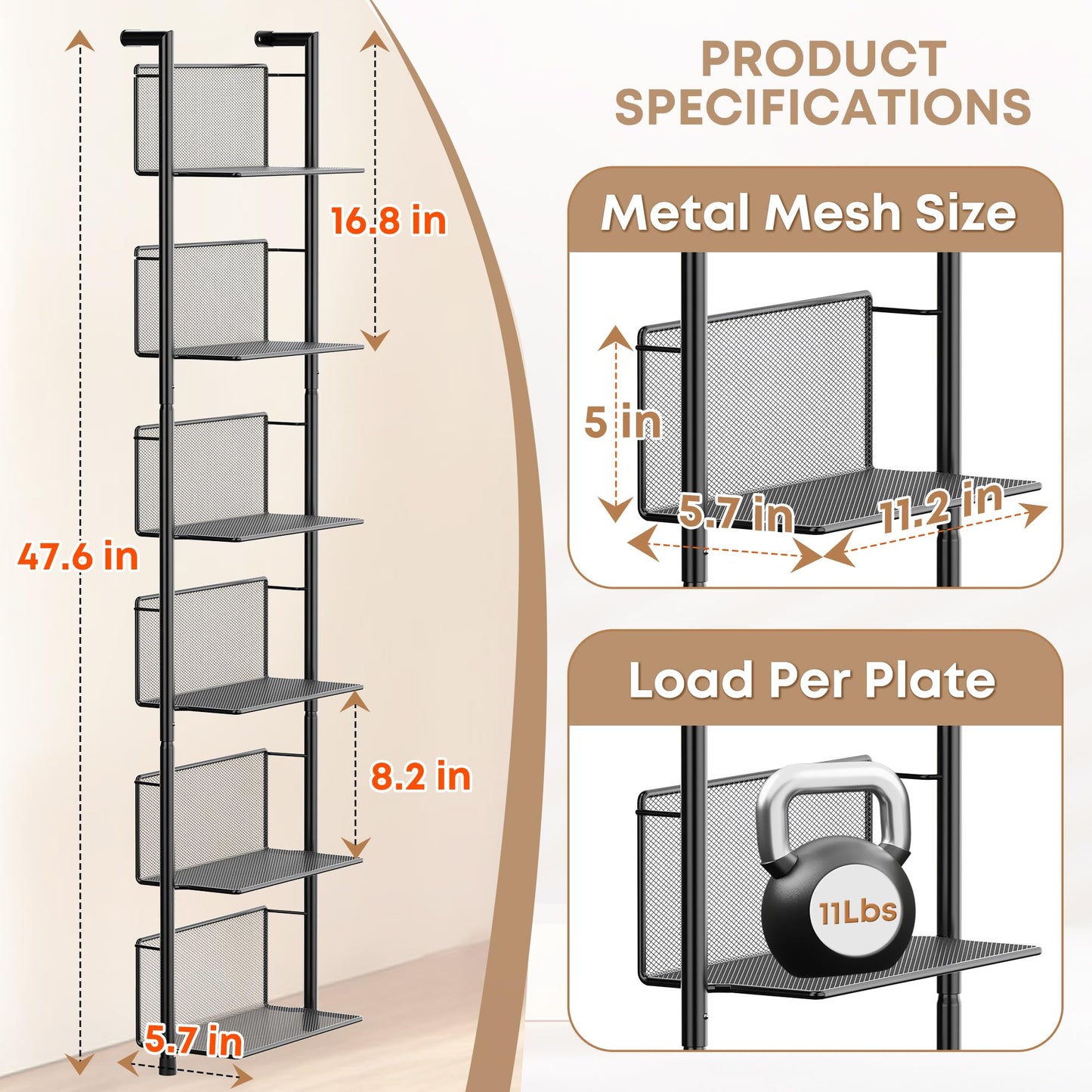 Docnest 6 Tier Ladder Shelf Wall Mounted, 47.6 Inch Metal Bookshelf Organizer, Modern Floating Shelves for Plants Books Home Decor, Black