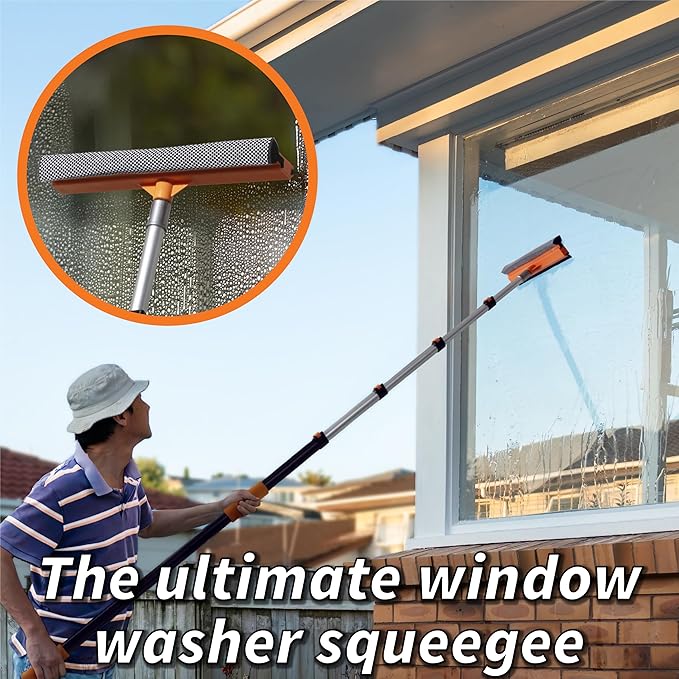 5-24 ft Window Washer Squeegee Kit with Extension Pole (30+ Foot Reach) // Long Handle Squeegee for Window Cleaning & Car Cleaning Multi-Use//Telescopic Professional Window Cleaning Squeegee for Home