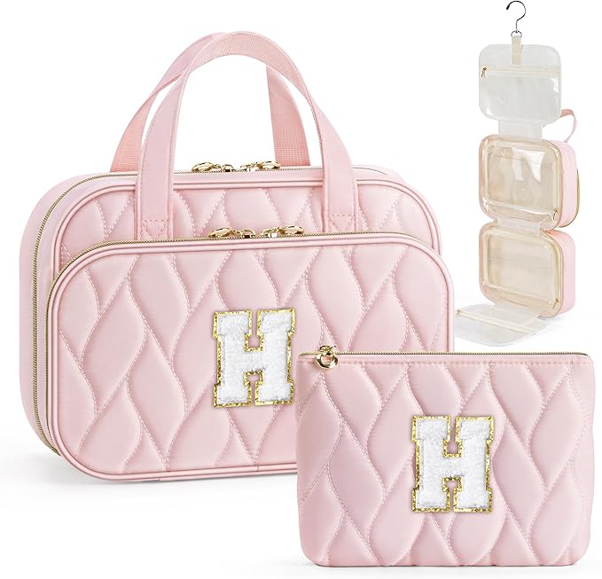 YOOLIFE Travel Toiletry Bag for Women - Hanging Toiletry Bag, Personalized Initial Toiletry Bags for Traveling Women, Portable Travel Toiletry Bag for Toiletries, Cosmetics - Letter H Pink