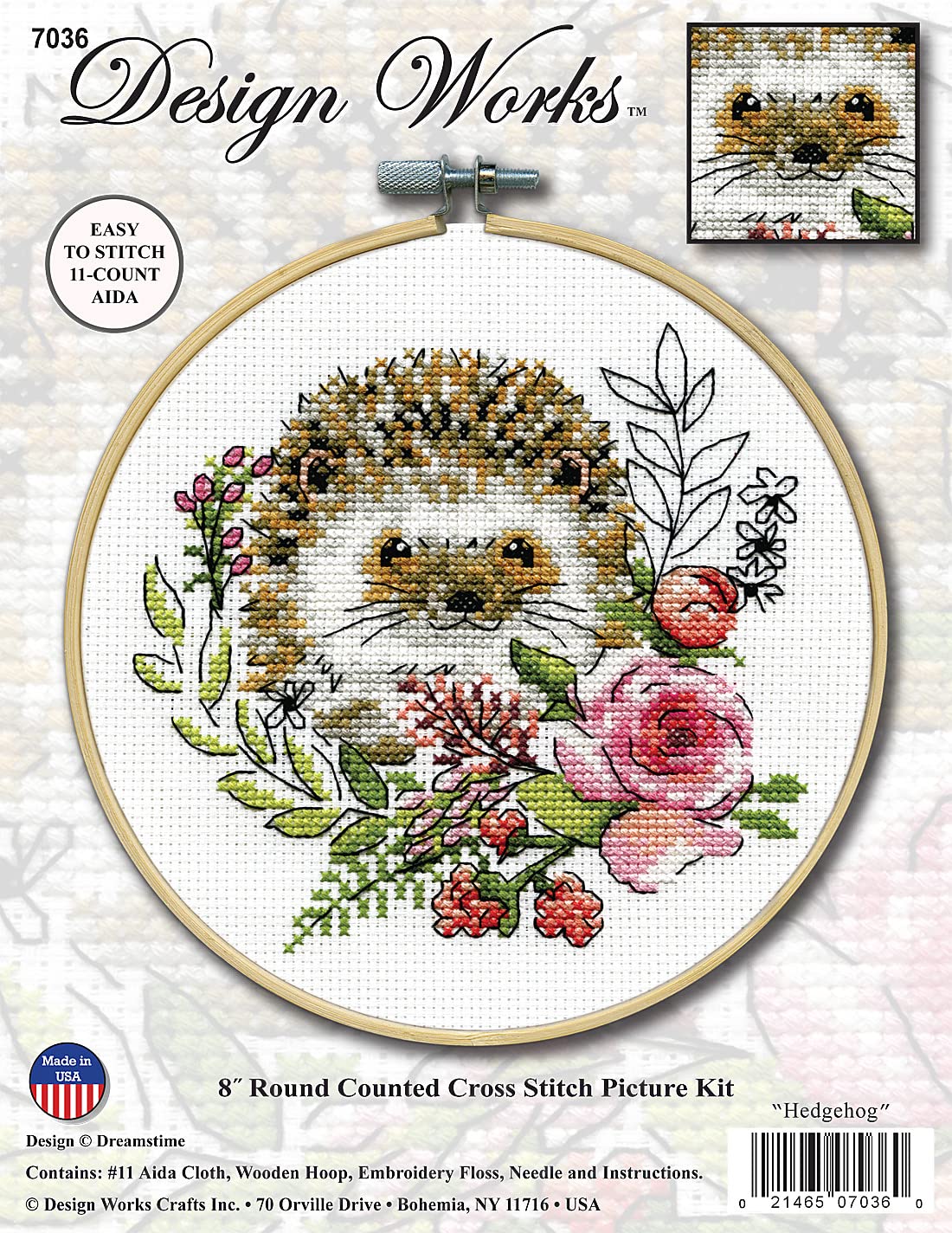 Design Works Hedgehog Counted Cross Stitch Kit – Adorable Animal Needlecraft Kit with Fabric, Thread & Needle – 6" x 6" Finished Size