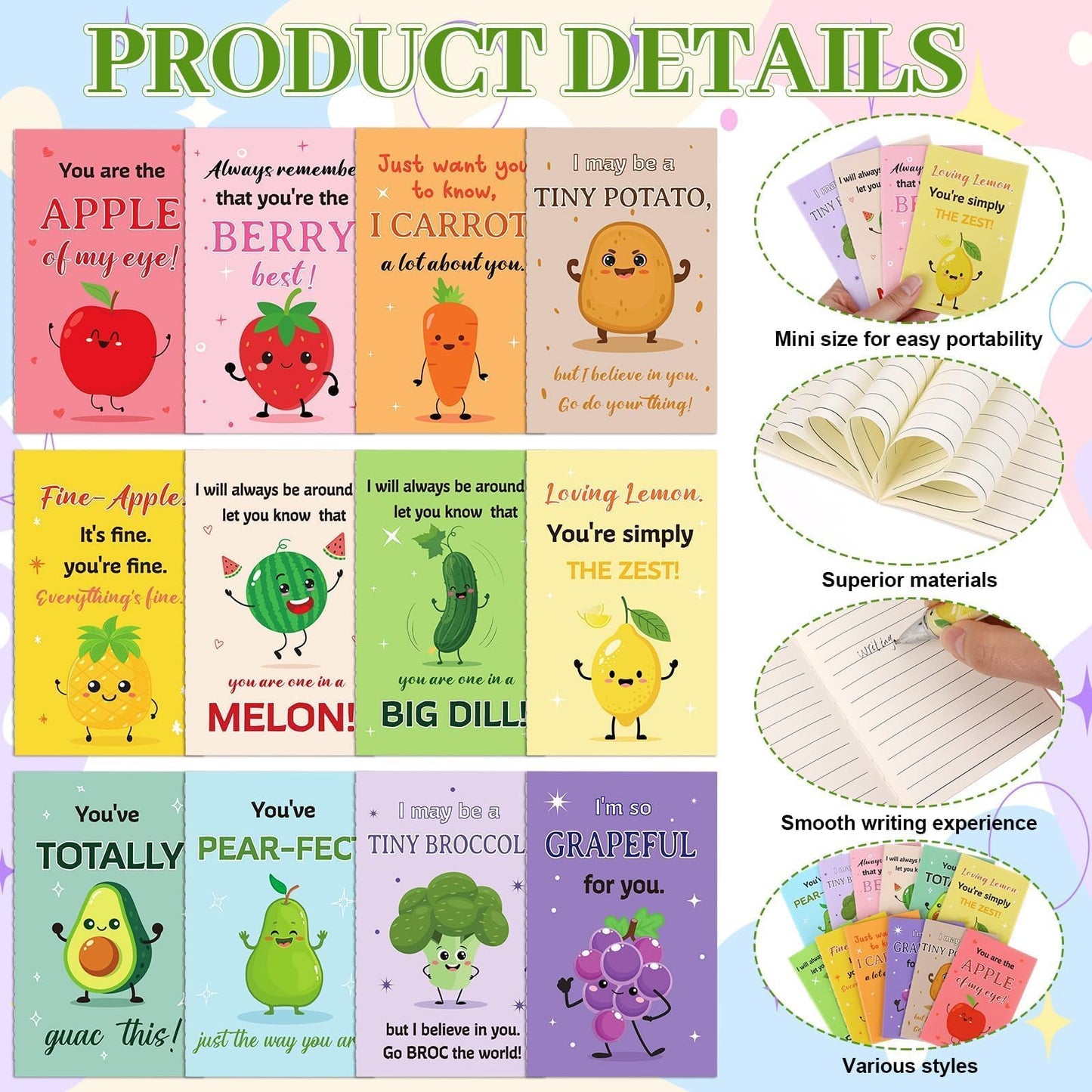 24 Sets Inspirational Mini Notebook with Pens Bulk Motivational Pocket Notepad with Cute Fruit Vegetable Pun Design Positive Gifts Employee Appreciation Gifts for Coworker Volunteer Teacher Students