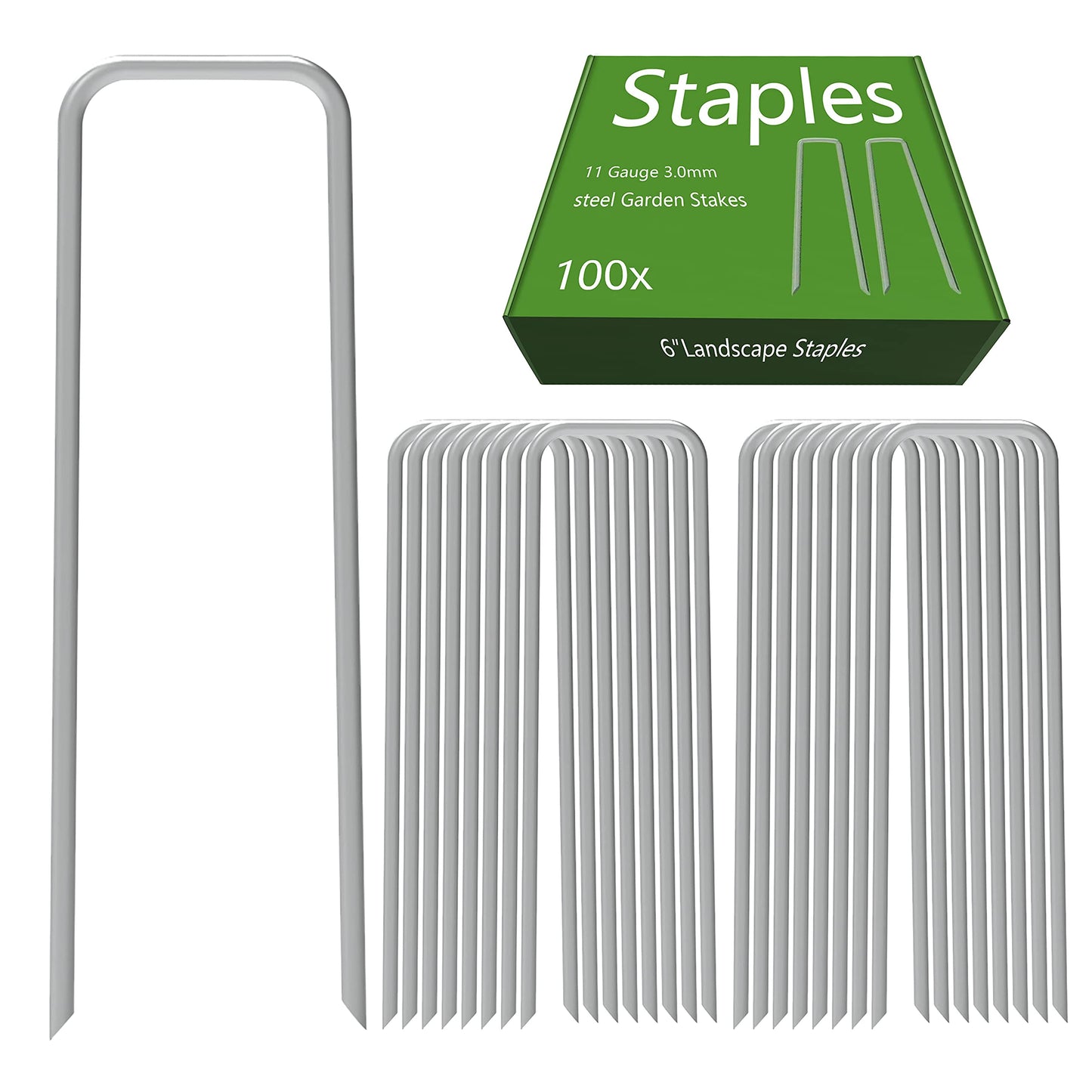 AAGUT 100 Pack 6 Inch Landscape Staples 11 Gauge Garden Staples, Galvanized Heavy Duty U-Shaped Sod Pins,Yard Ground Lawn Fence Stakes for Weed Barrier Fabric Irrigation Tubing