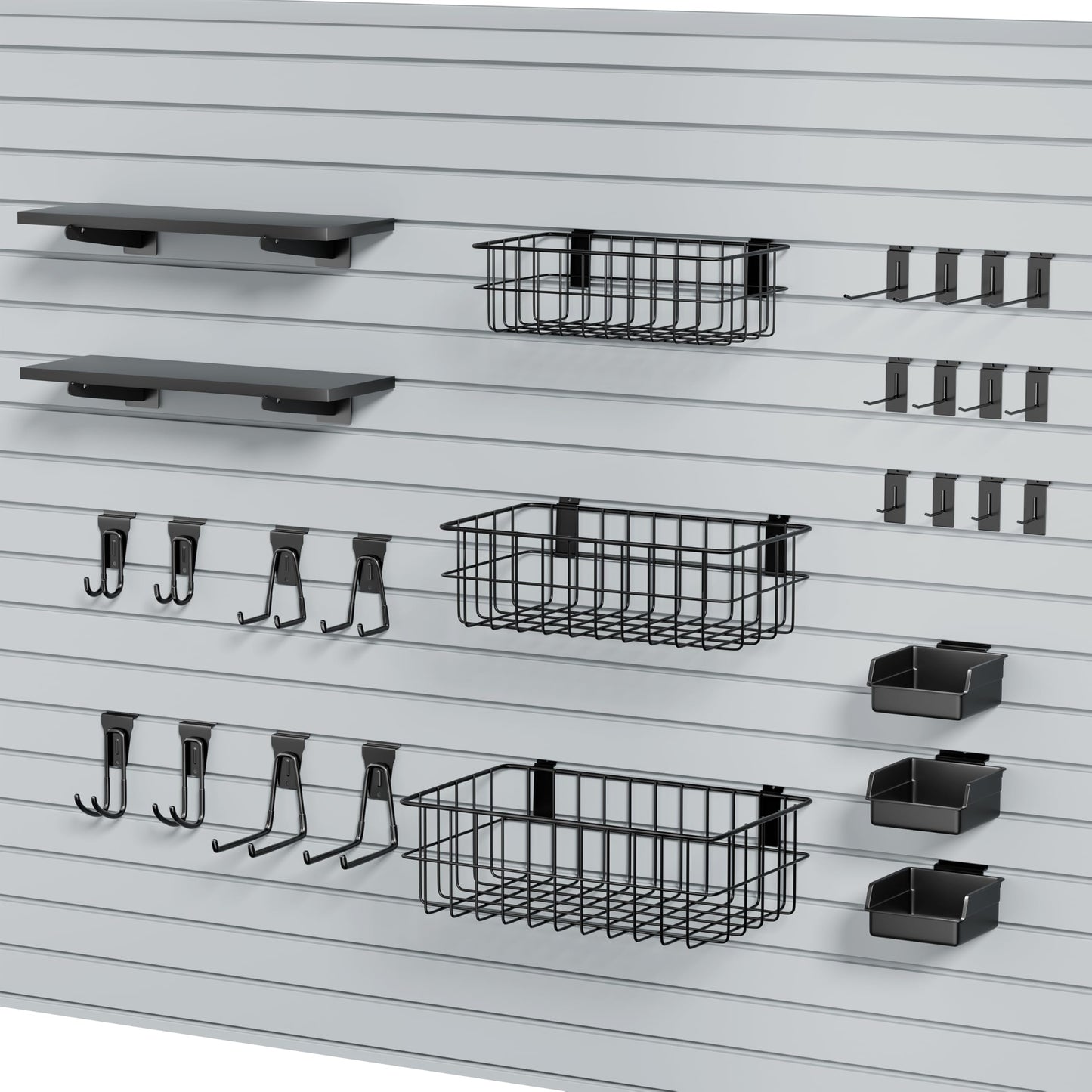 FOFARY 35Pcs Slatwall Accessories Kit, with Slatwall Hooks, Baskets, Shelves, Bins, Heavy Duty Slat Wall Accessory for Garage Organization, Workshop & Utility Room