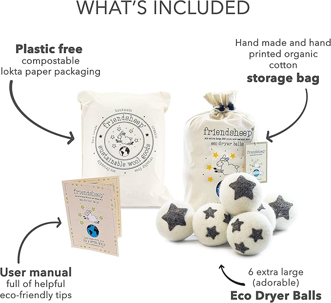 Friendsheep Wool Dryer Balls, Organic Reusable Fabric Softener Alternative for Laundry, Handmade, Fair Trade, Hypoallergenic, Eco-Friendly, Plastic-Free (6 Pack XL – Stars Galore)