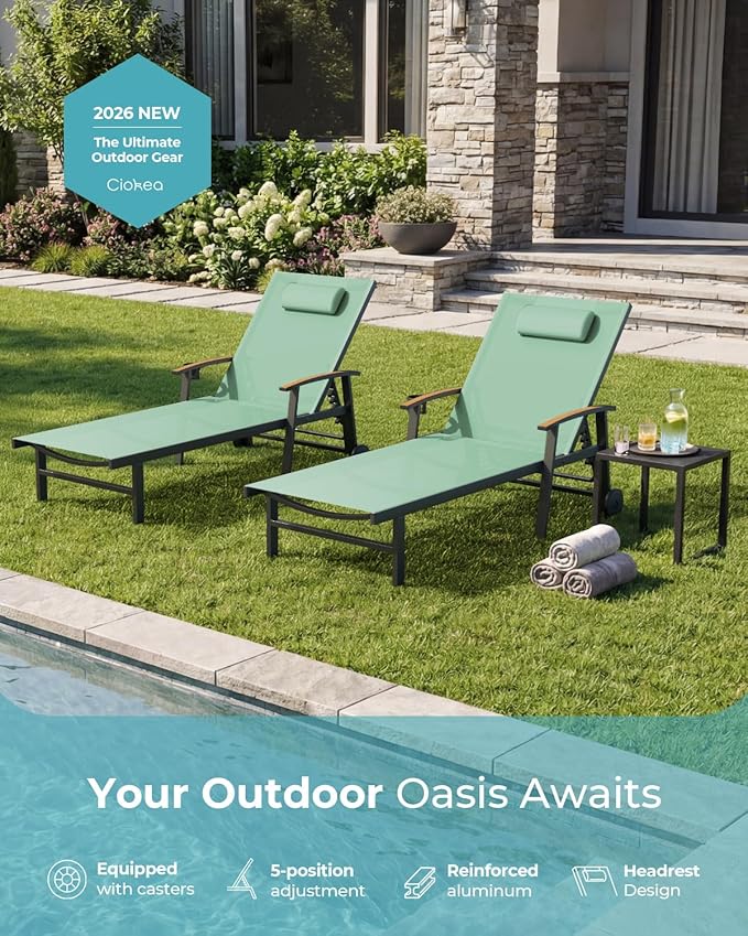 Ciokea Outdoor Lounge Chair with Pillow Set of 2, 5-Position Aluminum Chaise Lounge with Wheels & Armrests, 400 lbs Heavy Duty Patio Pool Chair for Backyard, Deck, Beach & Poolside, Light Green