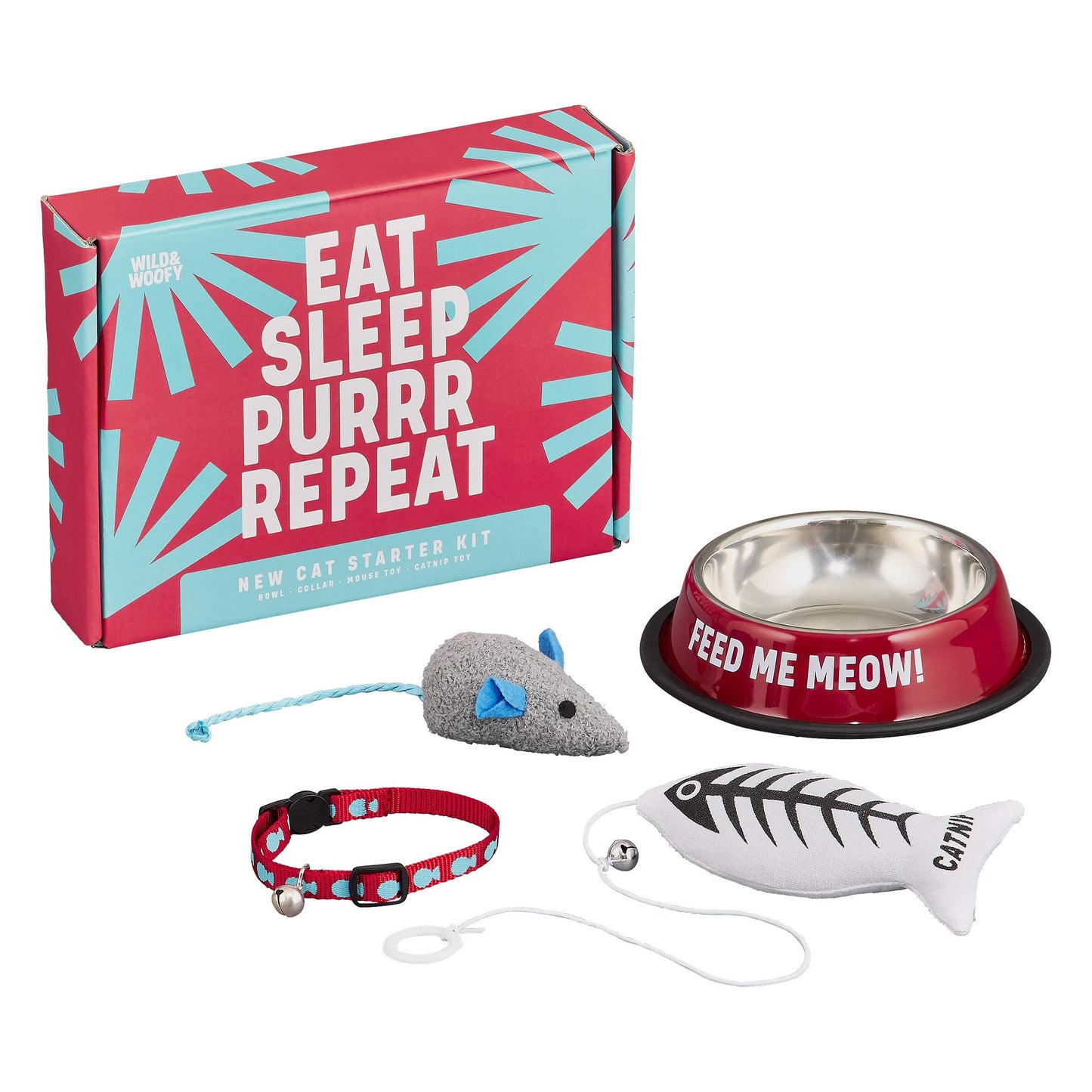 Wild & Woofy Eat Sleep Purr Repeat 4-Piece New Cat Starter Kit Gift Set
