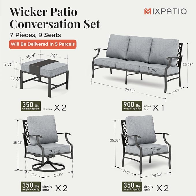 Patio Furniture Set 7 pcs, Outdoor Patio Furniture, 3-Seat Sofa, 2 Single Chairs, 2 Swivel Chairs, 2 Ottomans and 5.75" Extra Thick Cushion, Patio Conversation Set for Backyard Deck,Grey