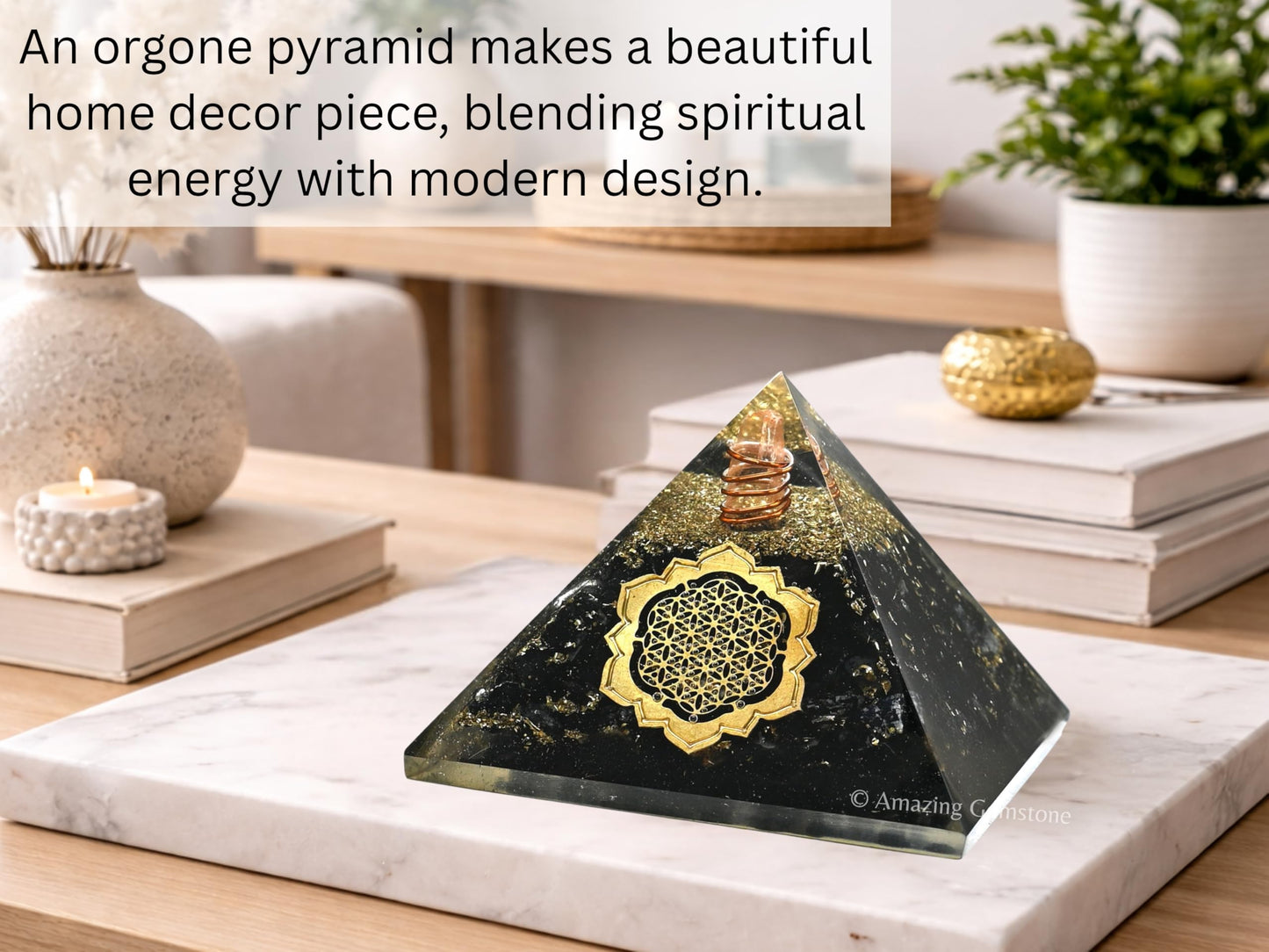 Large Orgone Pyramid | Black Tourmaline Pyramid Crystal | Lotus Flower of Life Orgonite Pyramid | Organ Pyramids Positive Energy Healing