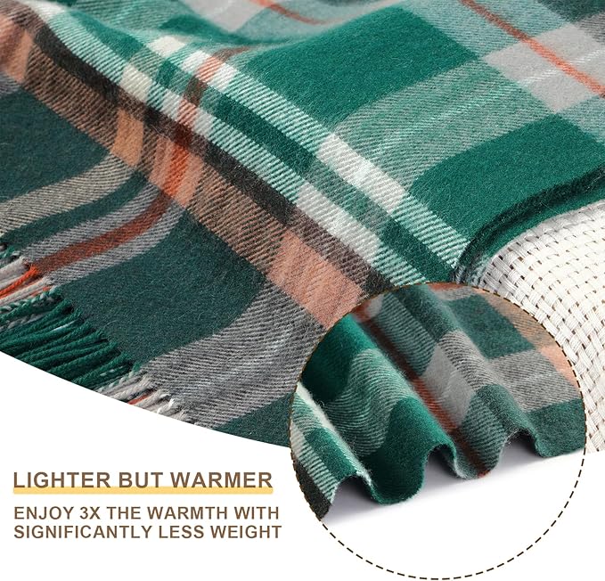 Throw Blanket Plaid with Carry Bag | Soft Wool Travel Blanket 55"x83" 1.5lbs | Classic Green Plaid Decorative Throw for Couch, Camping & Gift