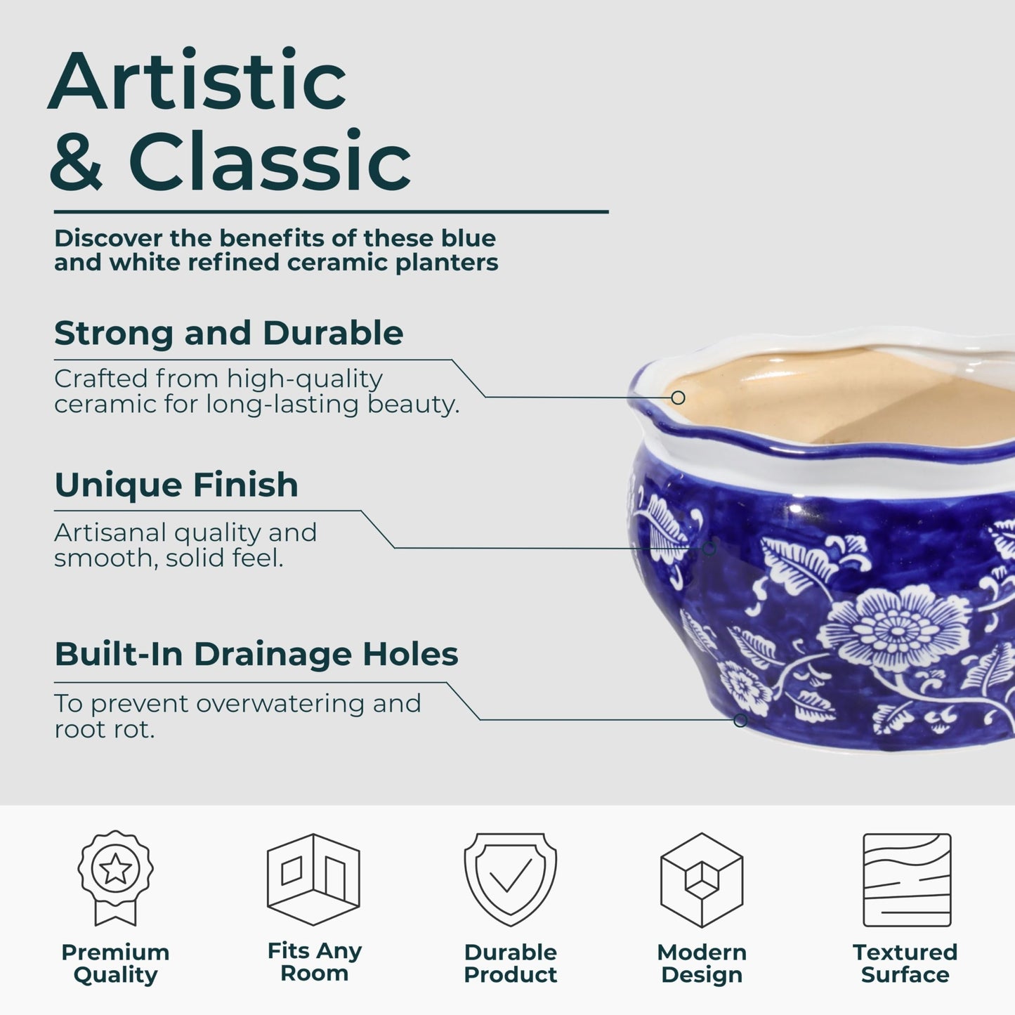 Set of 2 Round Chinoiserie Decorative Ceramic Planter Pots – Stoneware Outdoor & Indoor Plant Pots with Drainage – Modern Garden & Home Decor Planters – 6" & 5", Blue & White