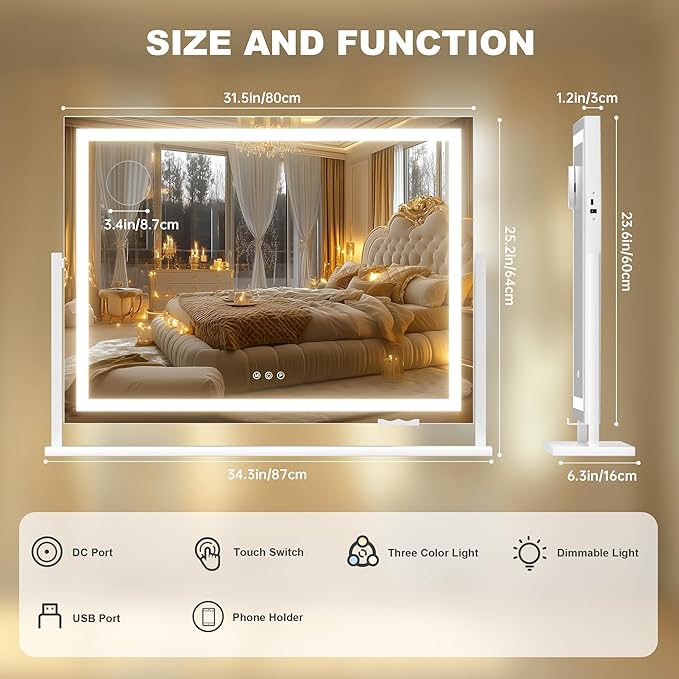 Hasipu Vanity Mirror with Lights, 32" x 24" LED Makeup Mirror, Light up Mirror with 10X Magnification and Phone Holder, USB Charging Port, Smart Touch 3 Colors Dimmable (White)