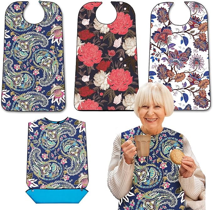 Adult Bibs with Crumb Catcher, Washable and Adjustable Adult Bibs for Women Men Elderly Seniors