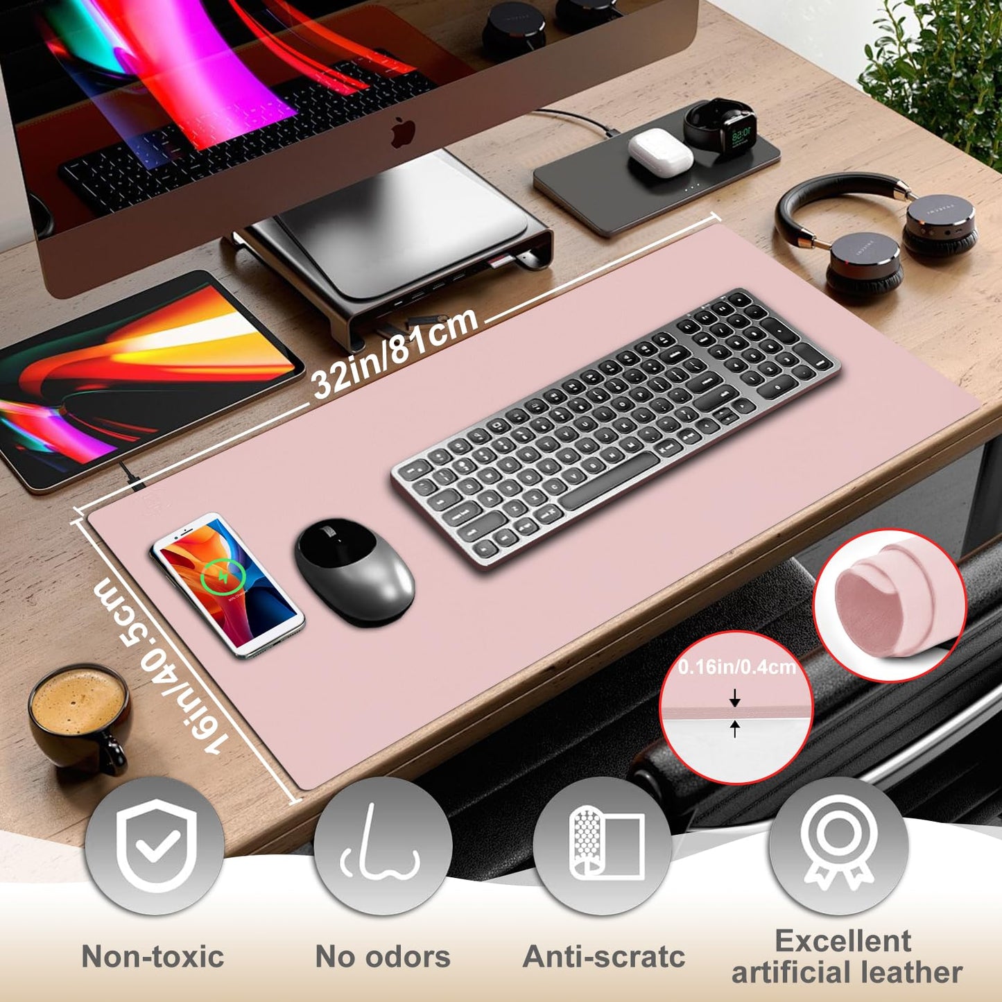 Desk Mat with Wireless Charging, Pink Mouse Pad with Wireless Charger, Desk Pad Matt for Desktop, Mousepad Gaming Large Mouse Pad, Leather Compute for Keyboard and Mouse, 32" x 16"