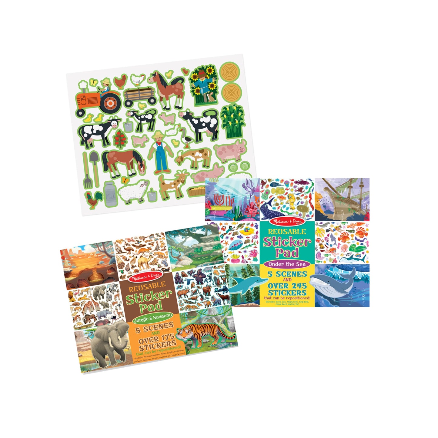 Melissa & Doug Reusable Sticker Pad Bundle - Jungle, Farm & Under The Sea