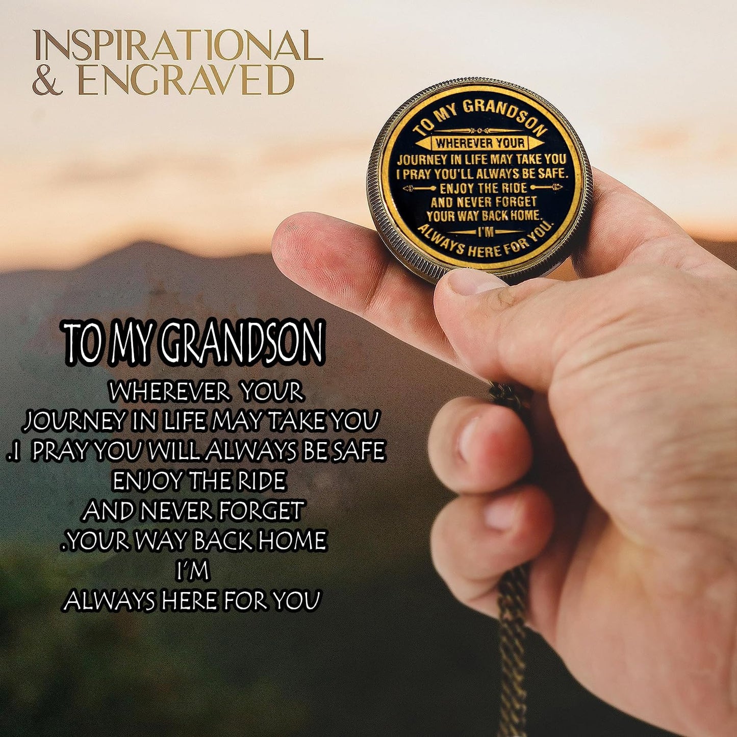 Gift for Grandson Brass Compass with Box Engraved Quote | Memory Present to My Grandson Birthday, Baptism, Graduation, Confirmation, Love, Gift idea by Grandpa Grandma, Greeting Card
