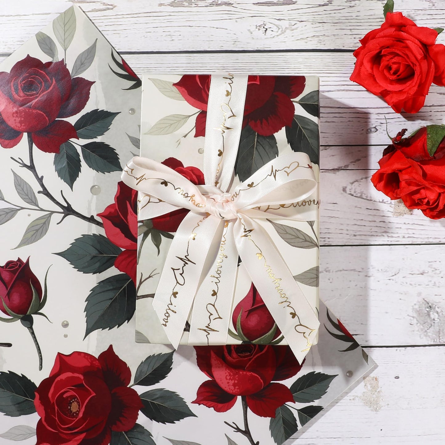 Liobelon Gothic Rose Wrapping Paper - 12 Sheets Dark Black & Red Roses Designs, Horror Goth Aesthetic Flower Gift Wrap for Gothic Birthday, Mother's Day, Wedding, Anniversary, 19.7 x 27.6 In.