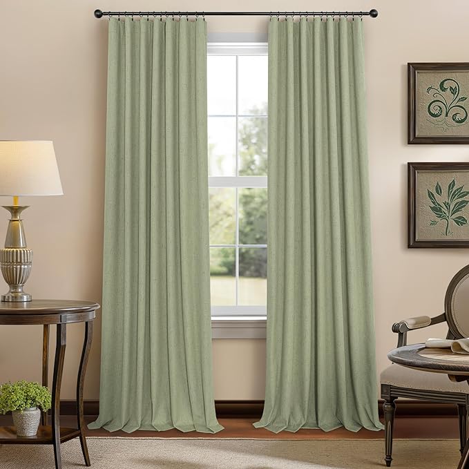 Pitalk Light Sage Green Black Out Curtains 63 Inch Long 2 Panel Set Back Tab Pleated Linen Textured Cute Blackout Curtains for Girls Bedroom Nursery Living Room Darkening Thermal Window Drapes Vintage